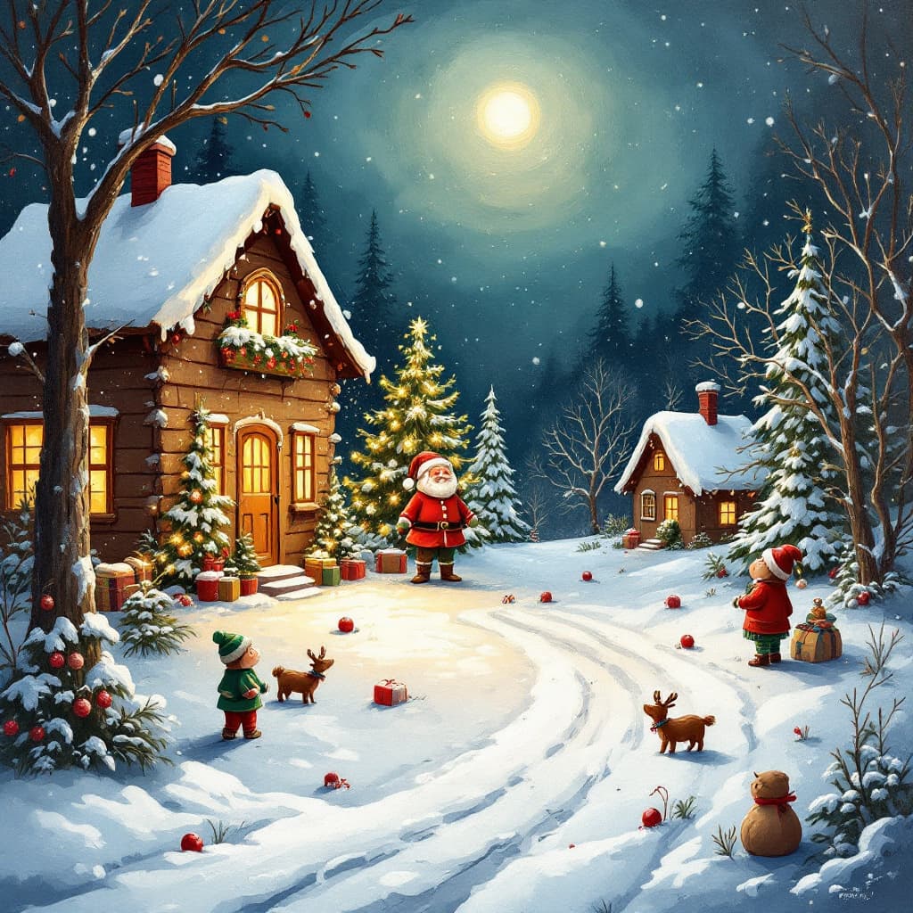 AI generated: Whimsical Naive Christmas Cartoon scene painting that is super cute
