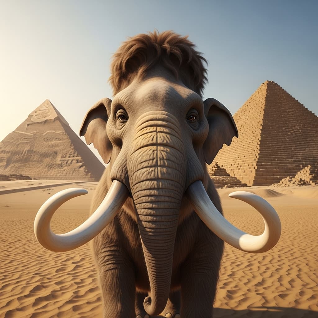 AI generated: Photorealistic caricature photograph of a woolly mammoth posing close to the camera in front of pris...