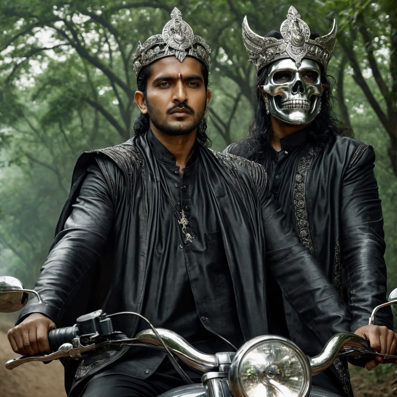 AI generated: rider of the apocalypse - Death, in style of silver and transparent, detailed face, lush environment...
