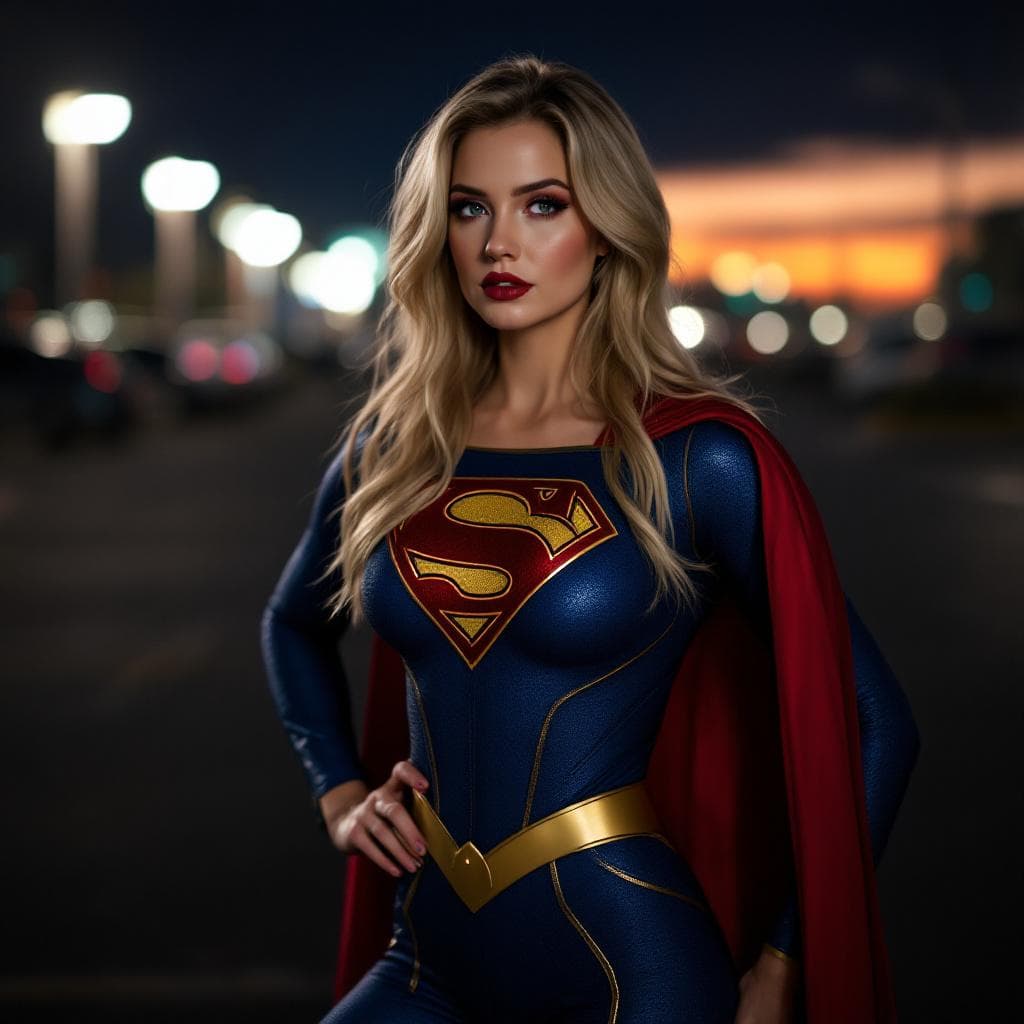AI generated: photo of supergirl in a supergirl costume with a red cape on her back, blonde hair, long hair, light...