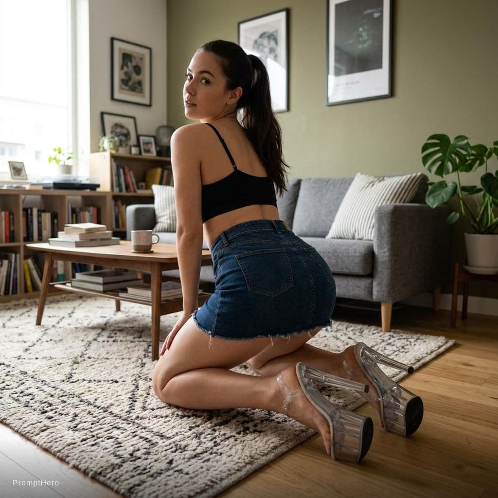 AI generated: young Turkish person wearing mini skirt, bralet, very high glass platform heels, in a living room, o...