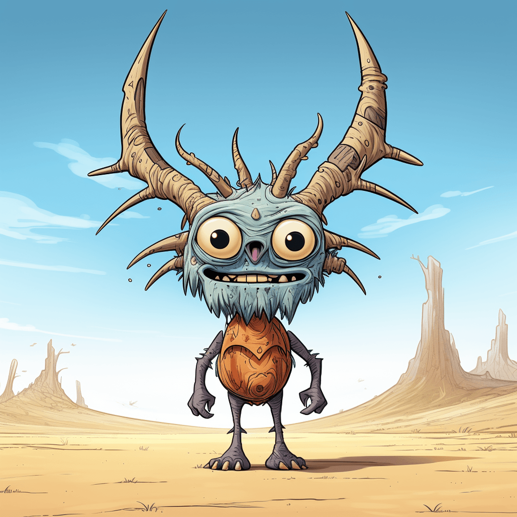 AI generated:  cartoon of a colorful creature, big eyes and big teeth, big horns, light bronze and blue schema, le...