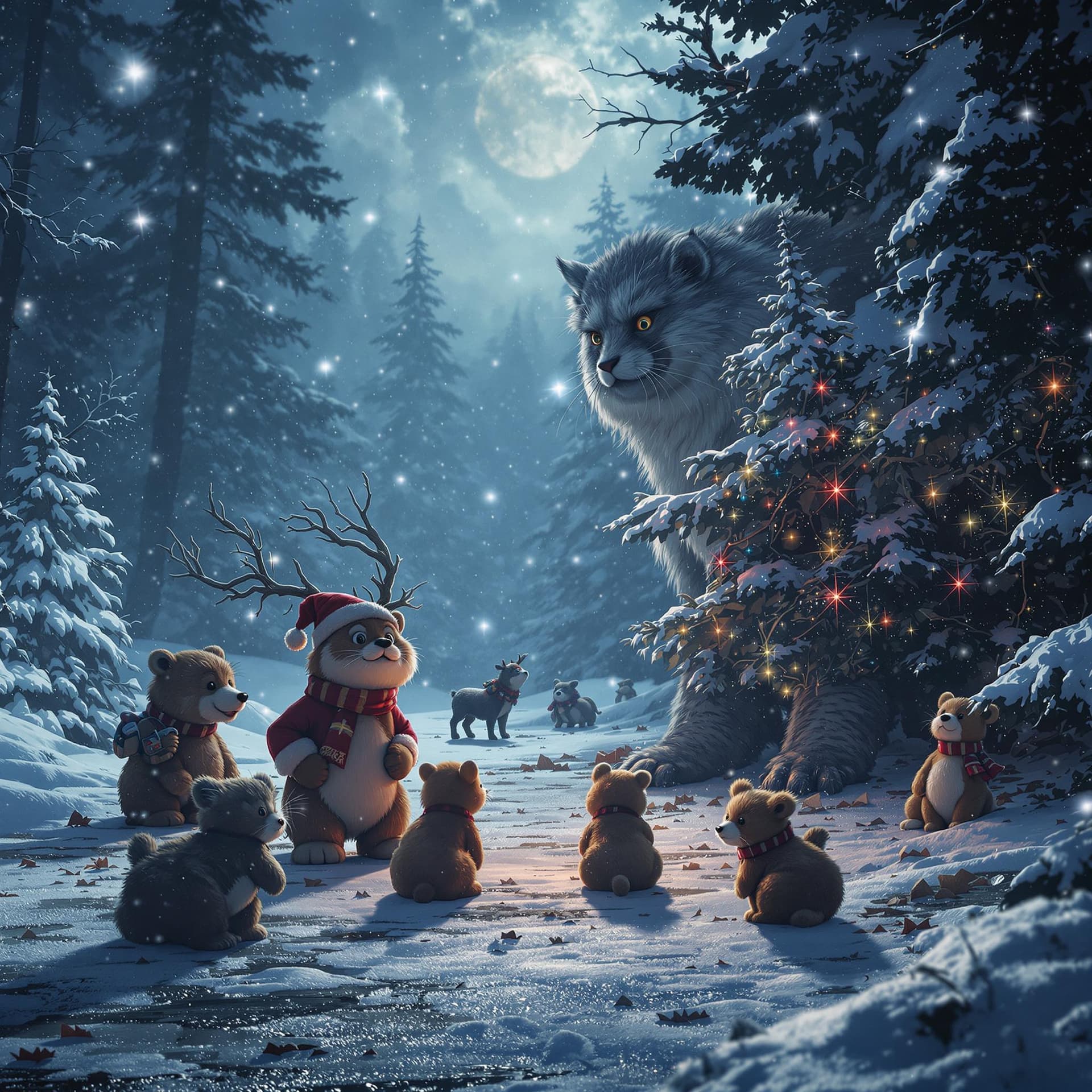 AI generated: merry christmas Movie poster, Cover for rock track, animals from cartoons, dramatic light, Mystical ...