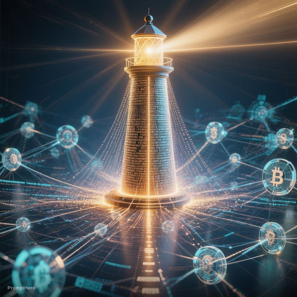 AI generated: A glowing abstract lighthouse (pharos) symbol made of data streams and blockchain nodes, emitting li...