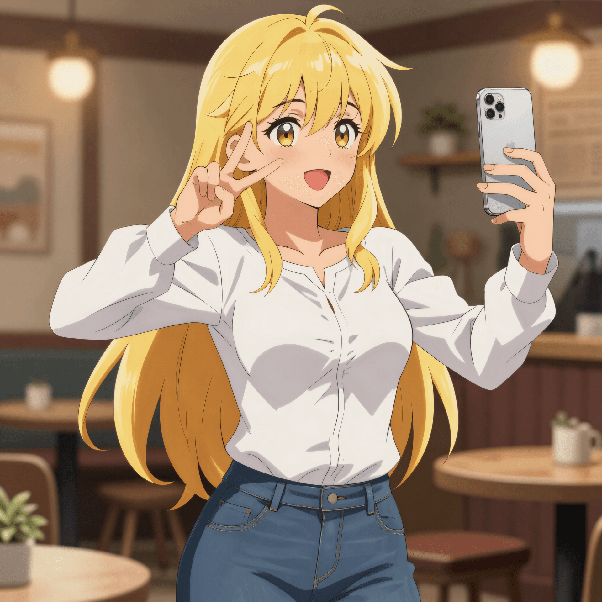 AI generated: Una pieza de arte anime altamente detallada y coloreada de una chica posando tomándose una selfie. L...