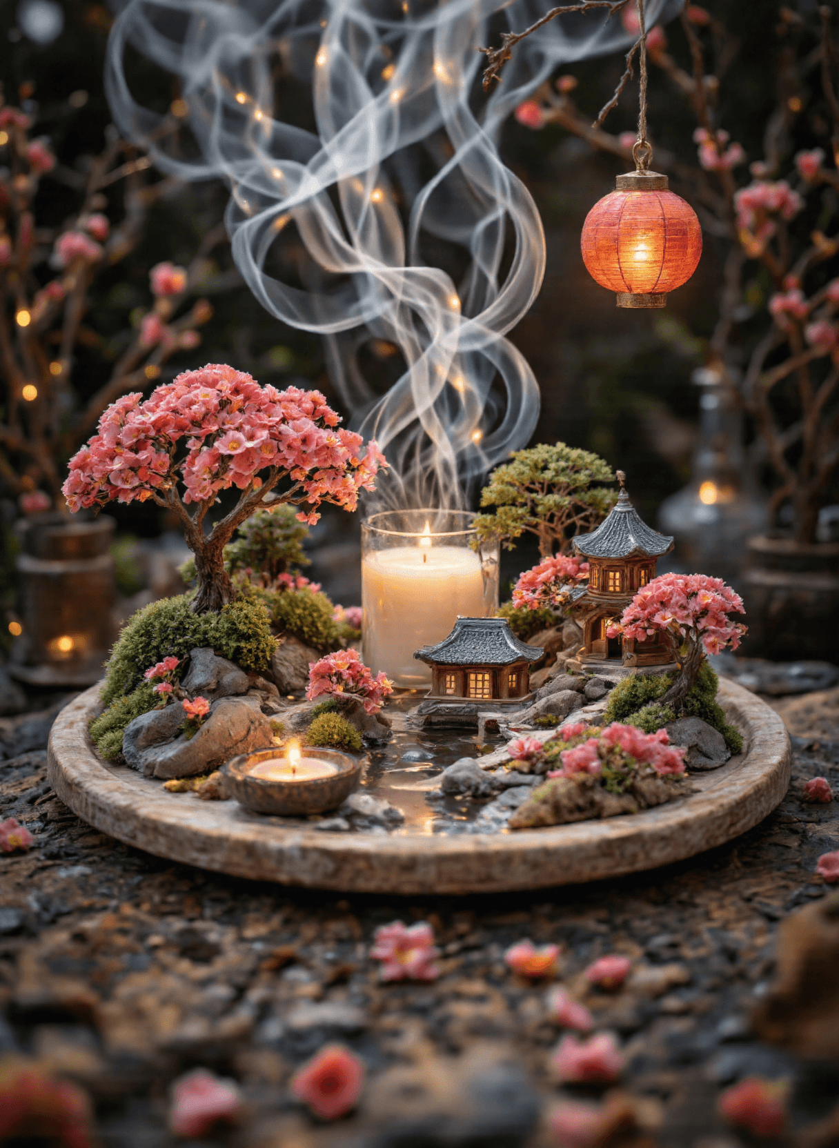 AI generated: The image depicts an intricately designed candle holder that resembles a miniature landscape scene. ...