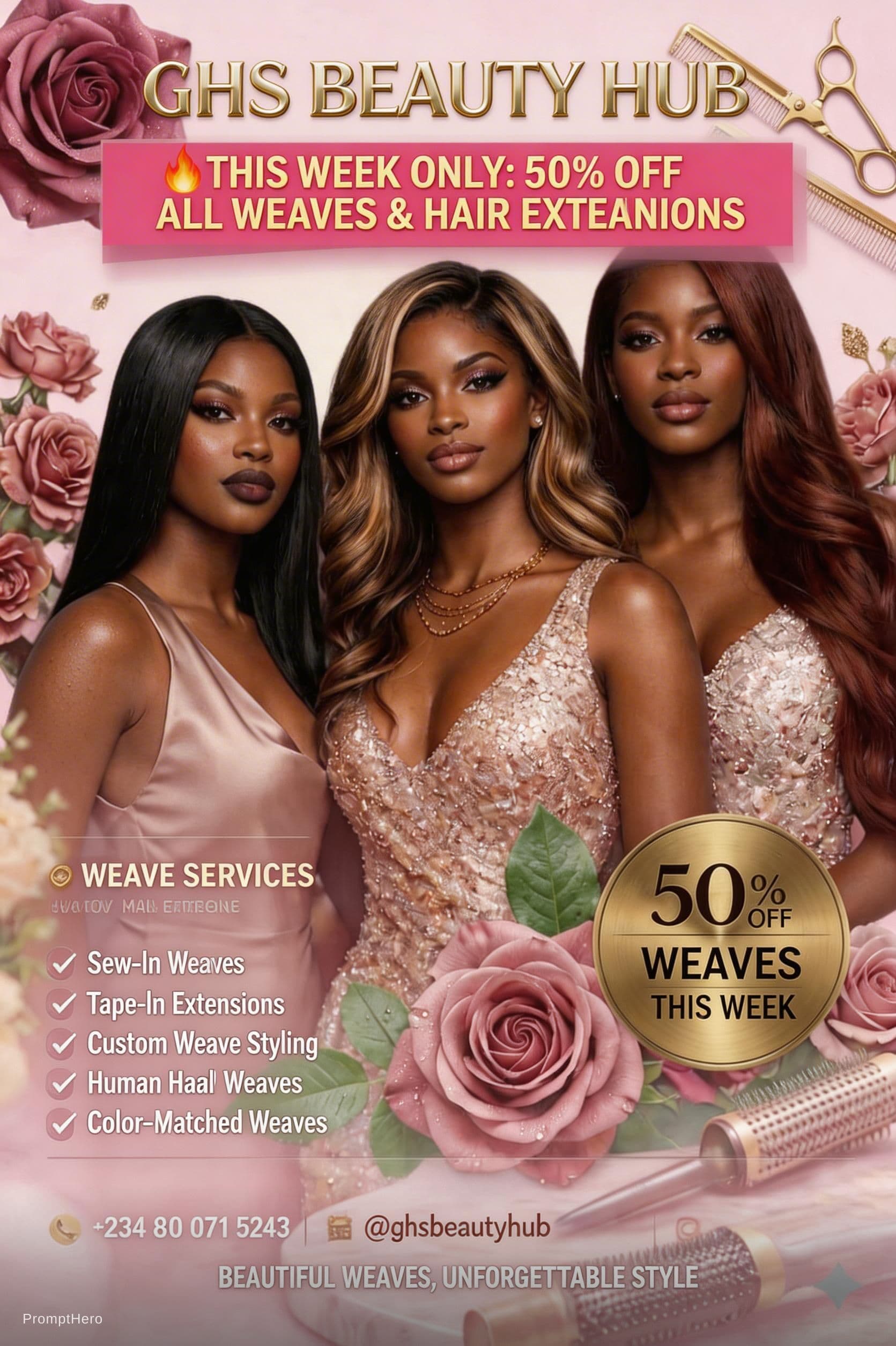 AI generated: Improve this poster Please  create a poster for my beauty hub. This weeks promo is about weaves. Mak...