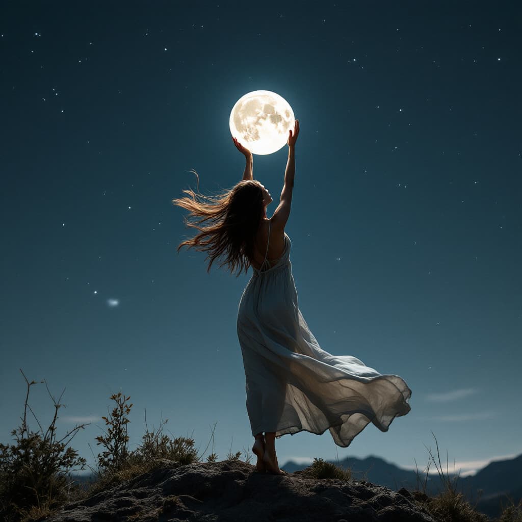 AI generated: low angle photograph of a woman, standing on top of a small mountain, hands in the air holding up th...