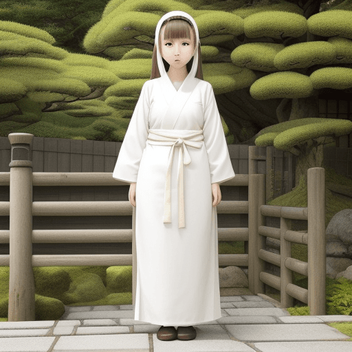 AI generated: Japon homes, garden a white skin, yellov, brown eyes, wearning headscraf, long dres, girl 