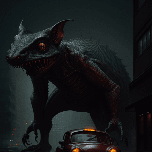 AI generated: haunting alien creature that looks like a monstrous giant shrew with many fangs, reddish eyes, urban...