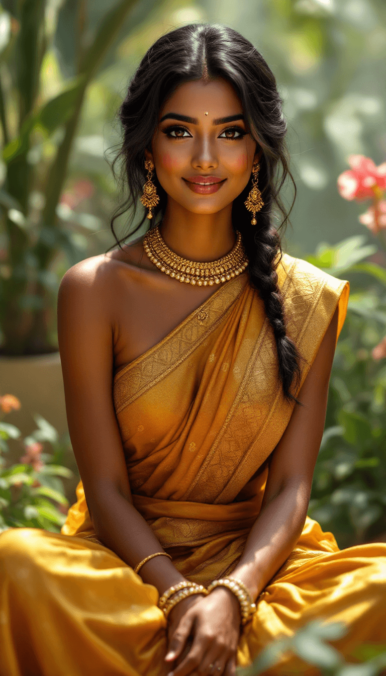 AI generated: /imagine prompt: A beautiful Indian woman with flawless bronze skin, expressive almond-shaped brown ...