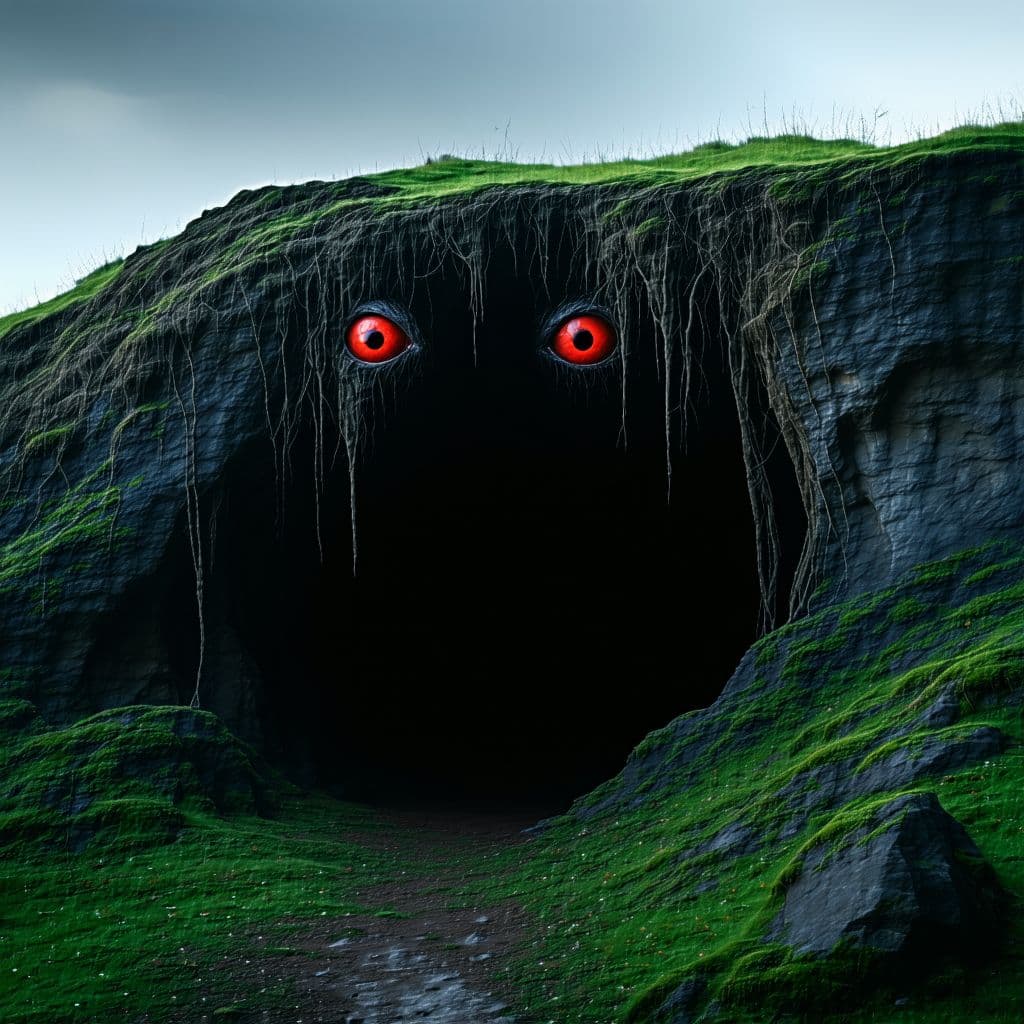 AI generated: Spooky image of a cave in the hill with two red eyes peeking out. The cave is in a hill covered in h...