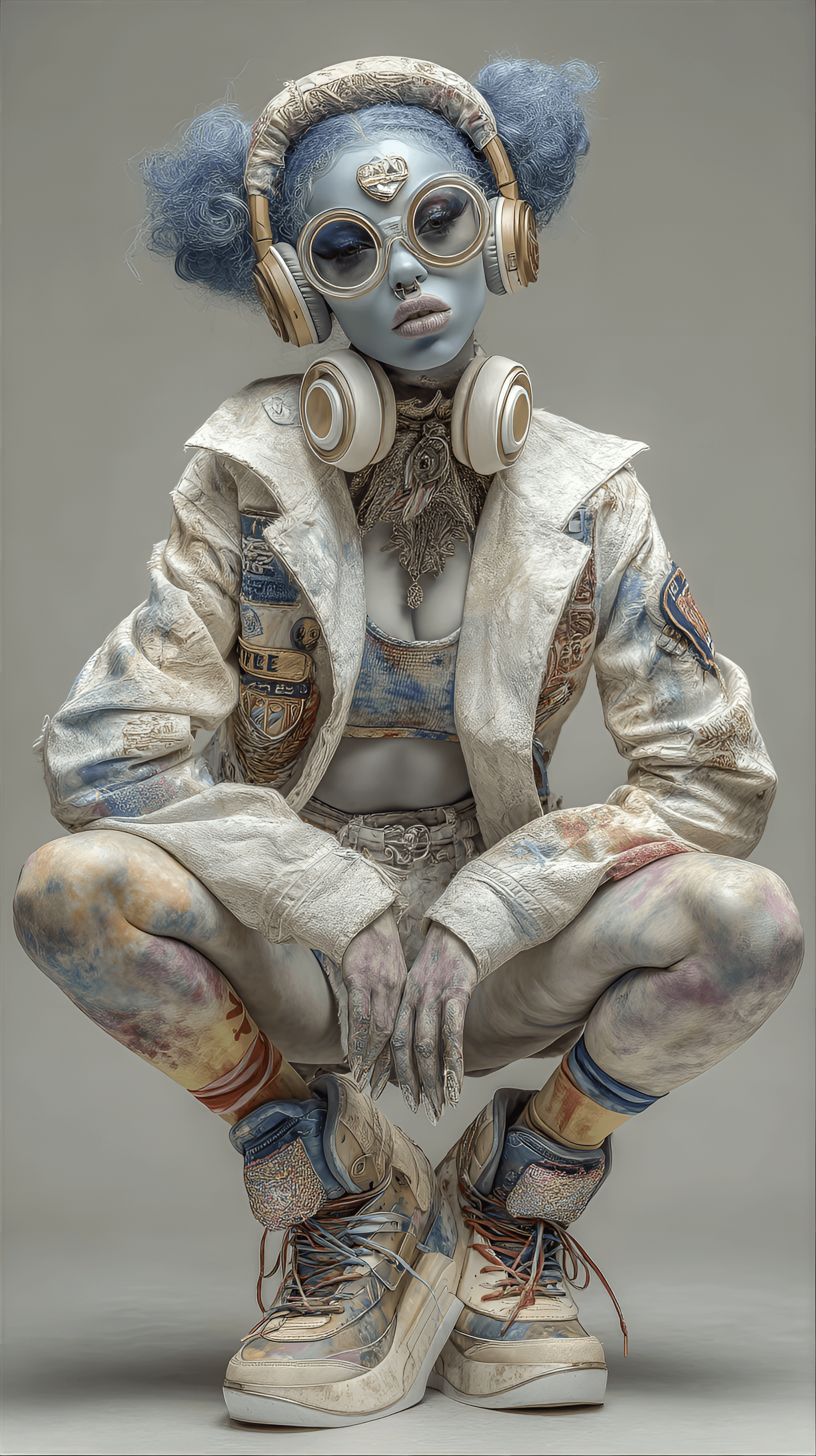 AI generated: a person posing in an eclectic and colorful outfit. They are wearing a vibrant jacket with patches, ...