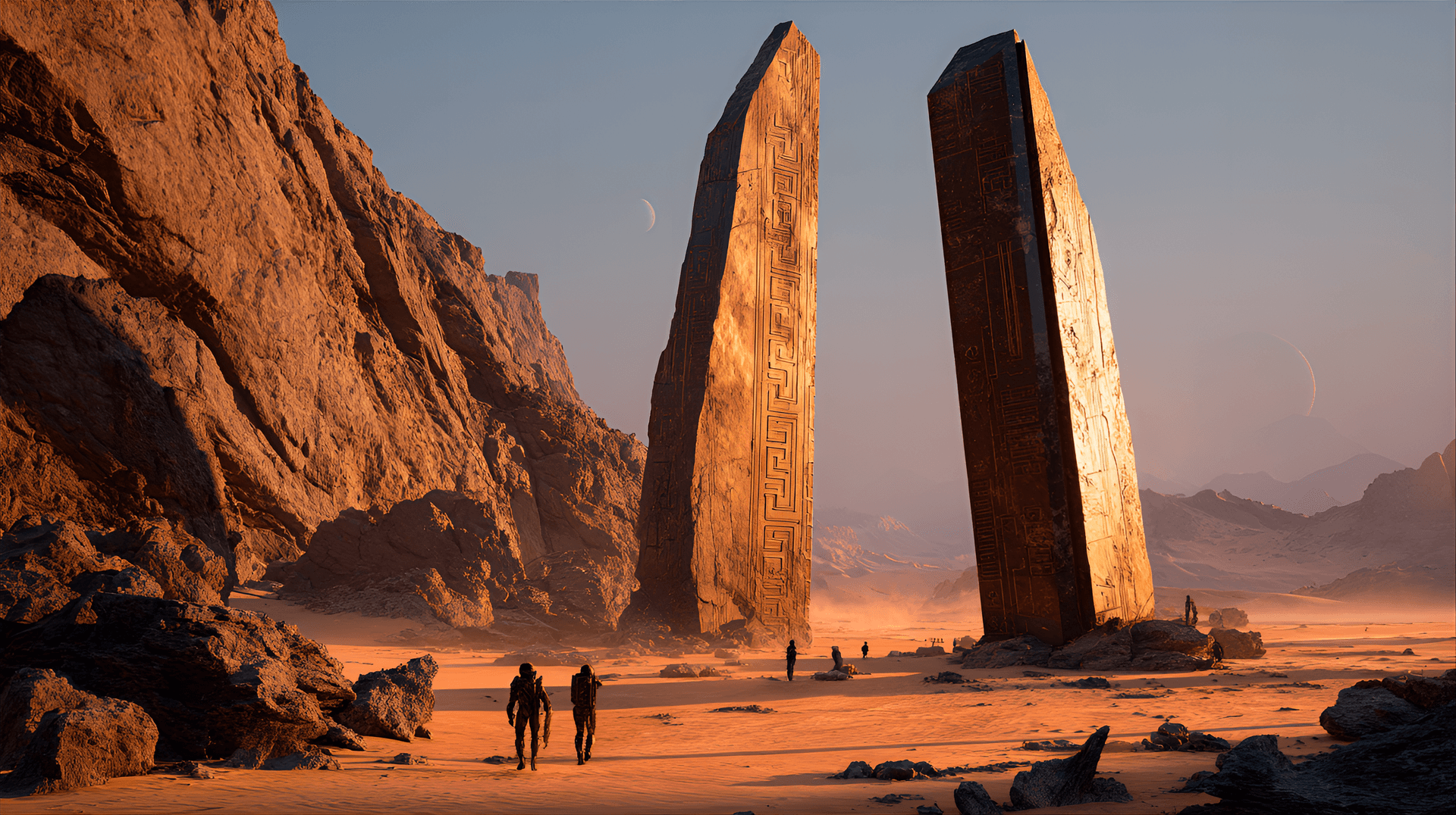AI generated: ancient monoliths, cinematic, towering obsidian obelisks rise from shifting sands, etched with glowi...
