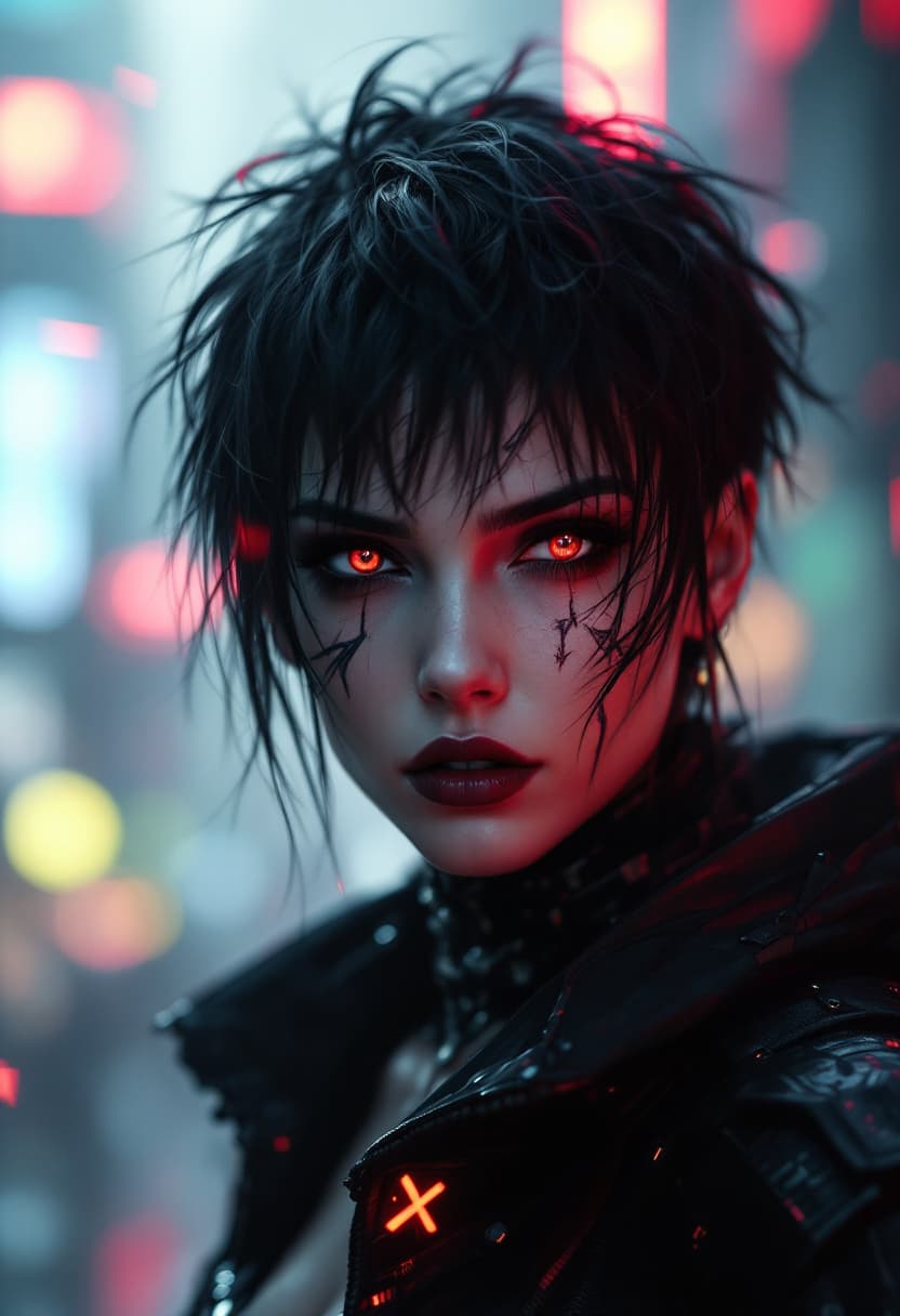 AI generated: A stunning close-up portrait of a mysterious cyberpunk warrior woman with brown an grey eyes, short ...