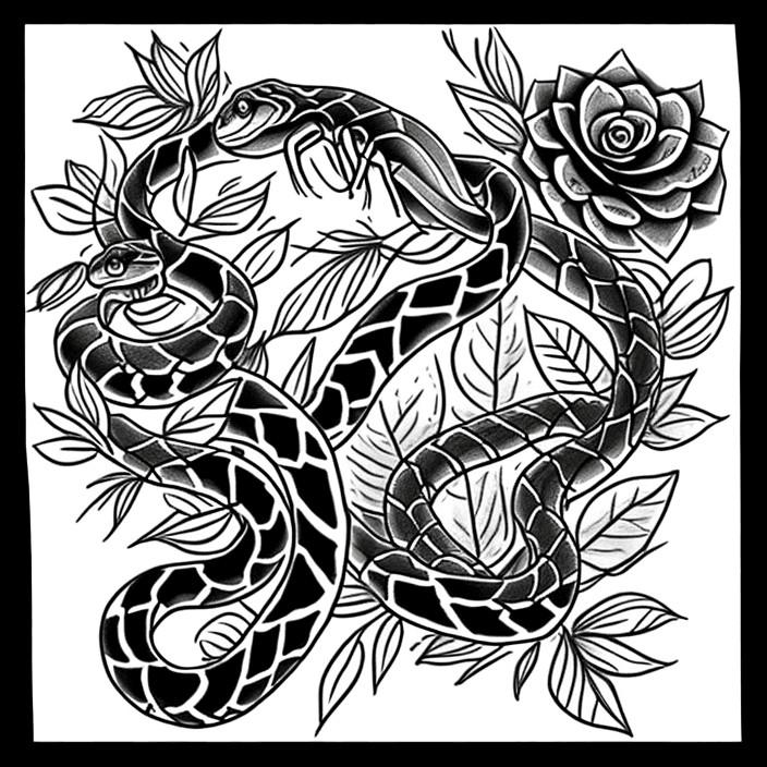 AI generated: Tattoo sketch, snakes, flowers, black and white, leaves with black fill, smooth transitions, floral ...