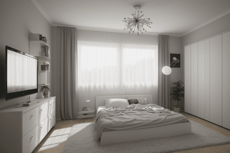 AI generated: interior design, modern bedroom, bedroom, modern, sweedish style,window, wide angle, wideangle, phot...