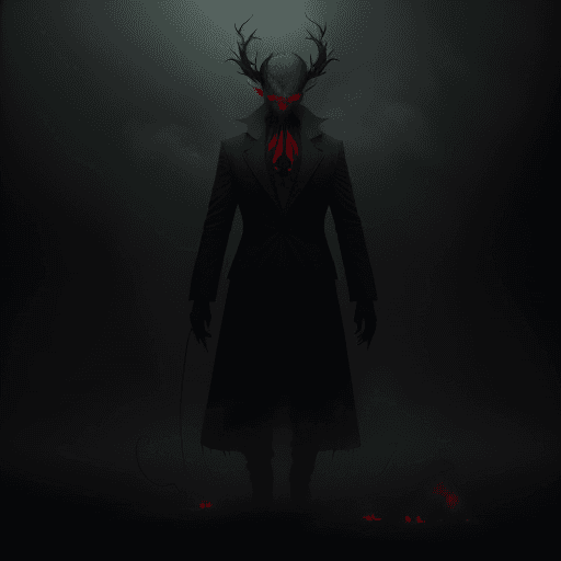 AI generated: a creepy demon made out of fog and smoke, wide green, red eyes, sinister look, holding a needle and ...