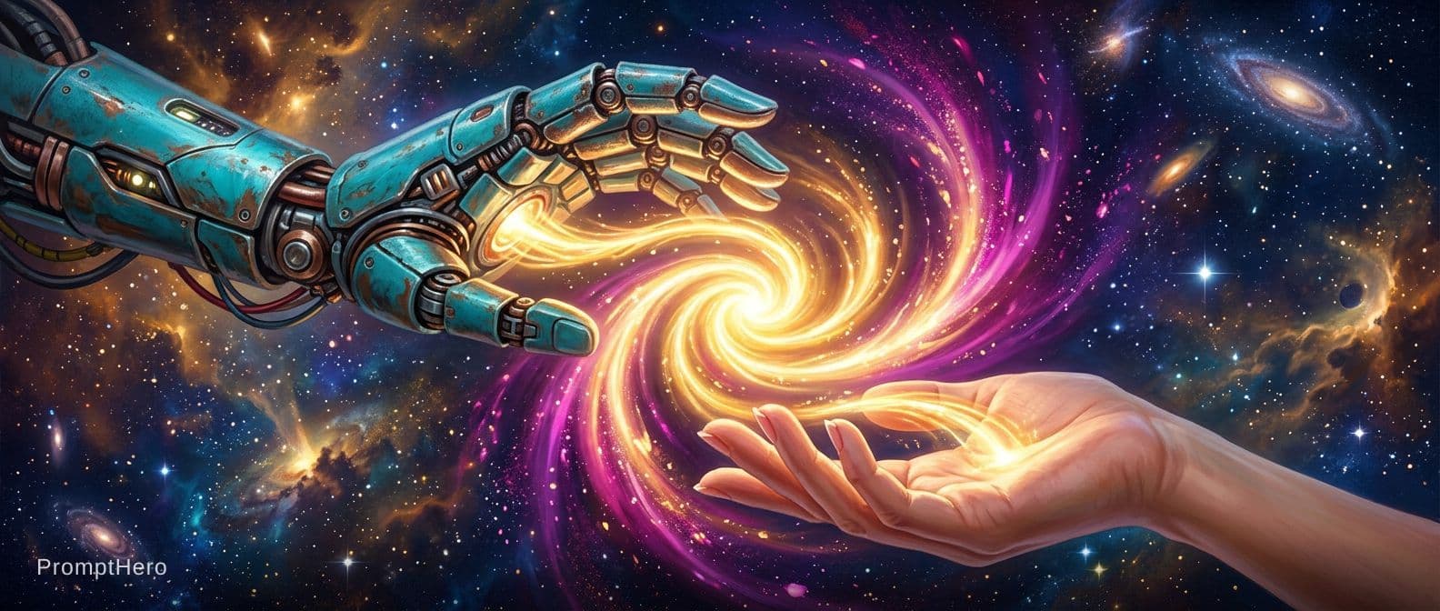 AI generated: 2 Hands. Hand 1: Robot hand, colour turquois metal, relaxed open, palm downward. Hand 2: Human, fema...