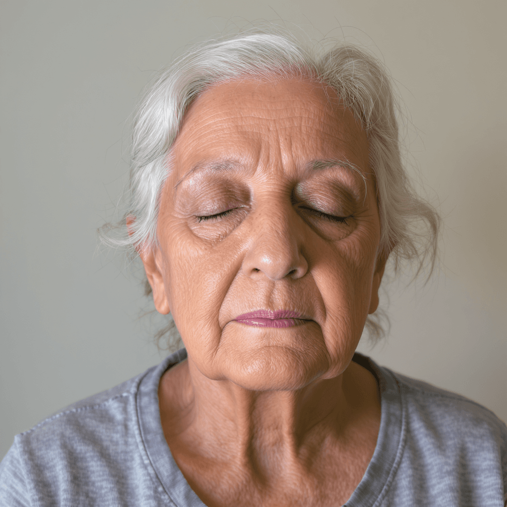 AI generated: an elderly woman with closed eyes.
