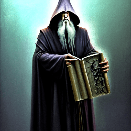 AI generated: painting of gandalf as a cloaked tech priest holding a book, adeptus mechanicus, cybernetic enhancem...