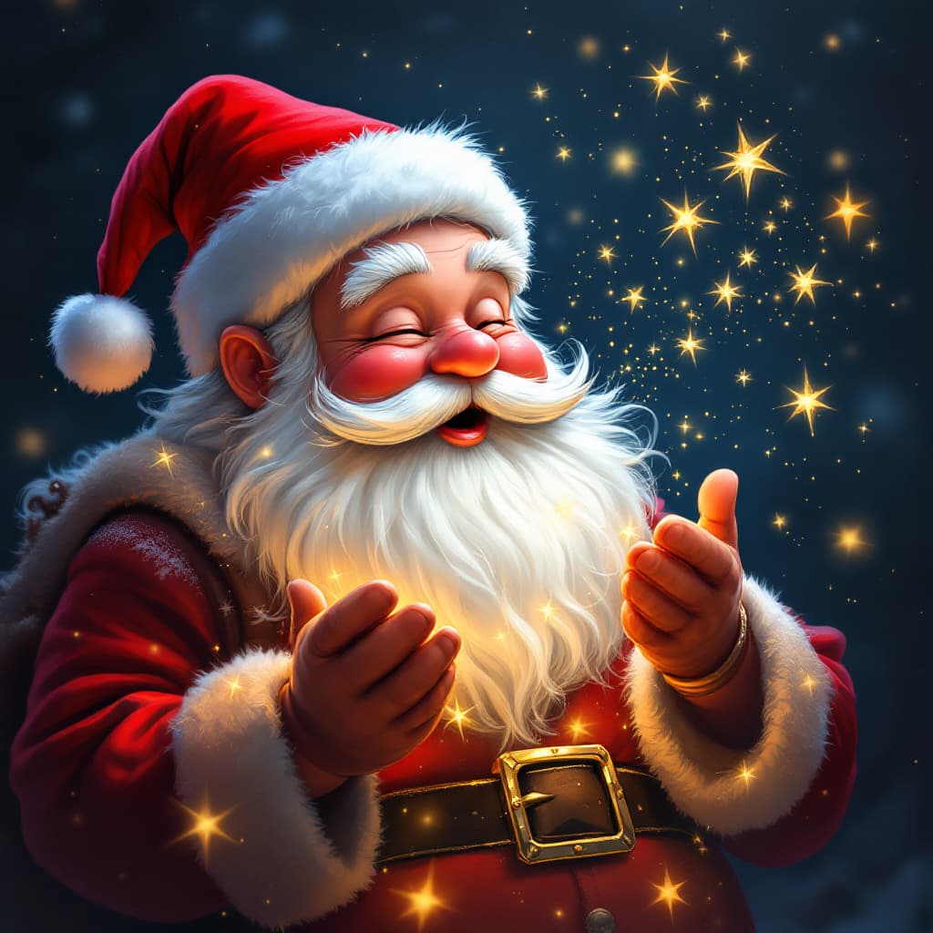 AI generated: A whimsical bashful Santa, with blowing magic stars in the air, disneystyle