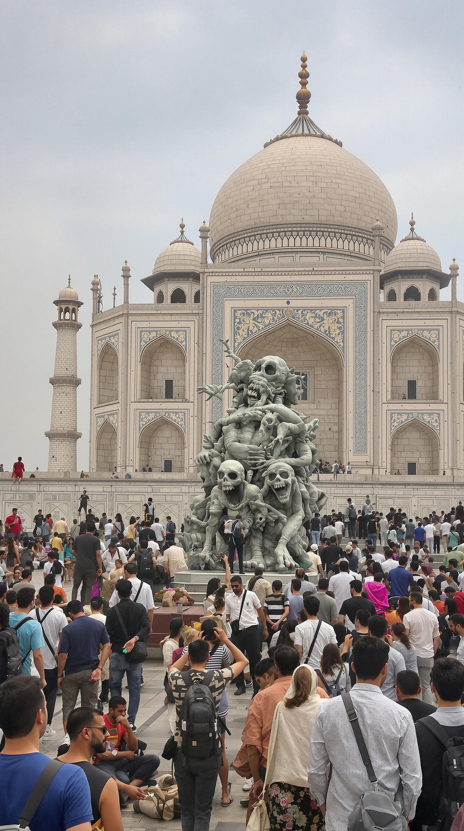 AI generated: A grotesque  surrounded by people in front of Taj mahal