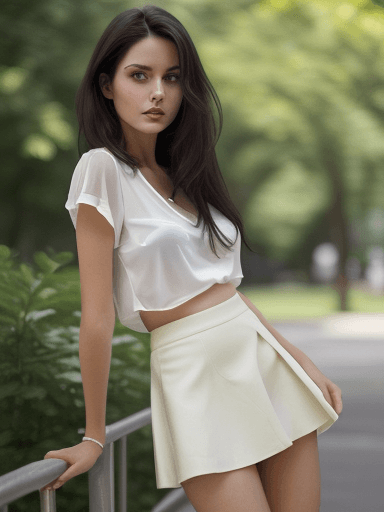 AI generated: Portrait of a seductive slender dark-haired georgeous and super sexy college girl
 in an summer airy...