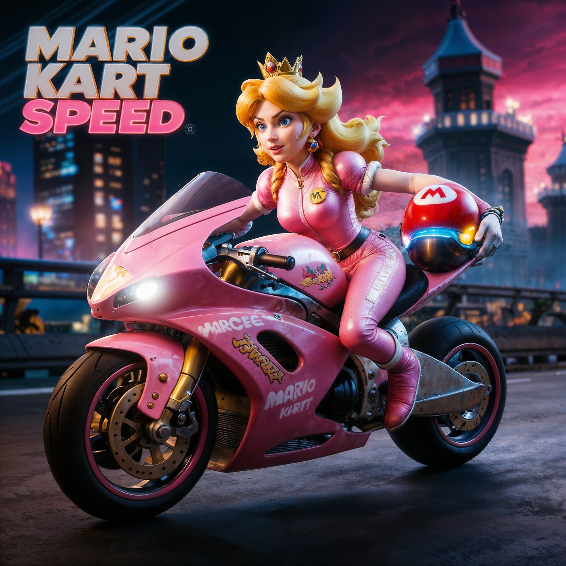 AI generated: A stunning, ultra-realistic illustration of Princess Peach on a sleek pink Mario Kart-style racing b...