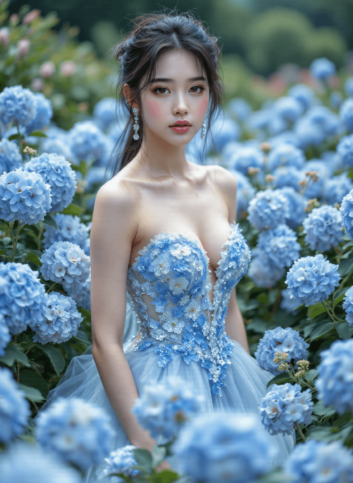 AI generated: The image depicts a sensuous young Asian woman standing amidst a lush backdrop of vibrant blue hydra...