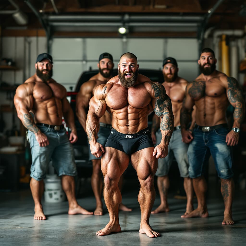AI generated: Flexing and Comparing muscles In the garage, Full body image big bare feet, 5 hot sexy shirtless man...