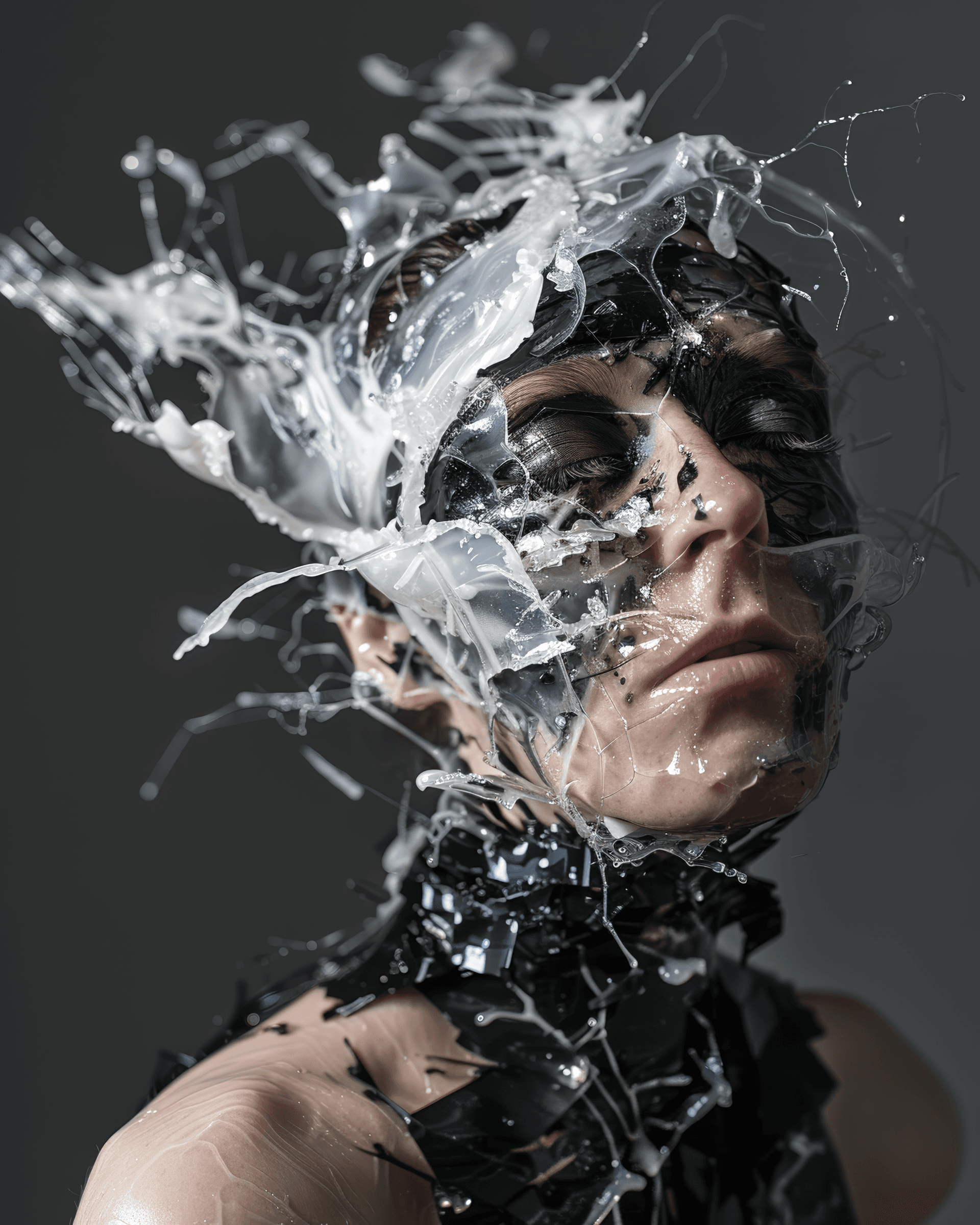 AI generated: A woman with her head covered in plastic and hair, inspired by"bMicroscopic", her face is a strange ...