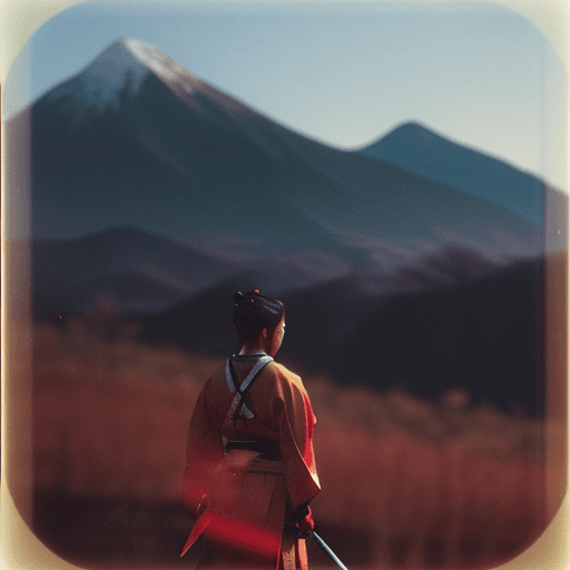 AI generated: [samurai] [mountains] [day] [red/silver] gradient, gentle movement, Ektachrome slide film, dreamy bo...