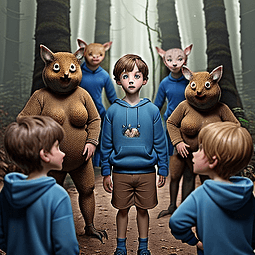 AI generated: 6-year-old Oliver in a blue sweatshirt and brown shorts discovers a group of friendly forest creatur...