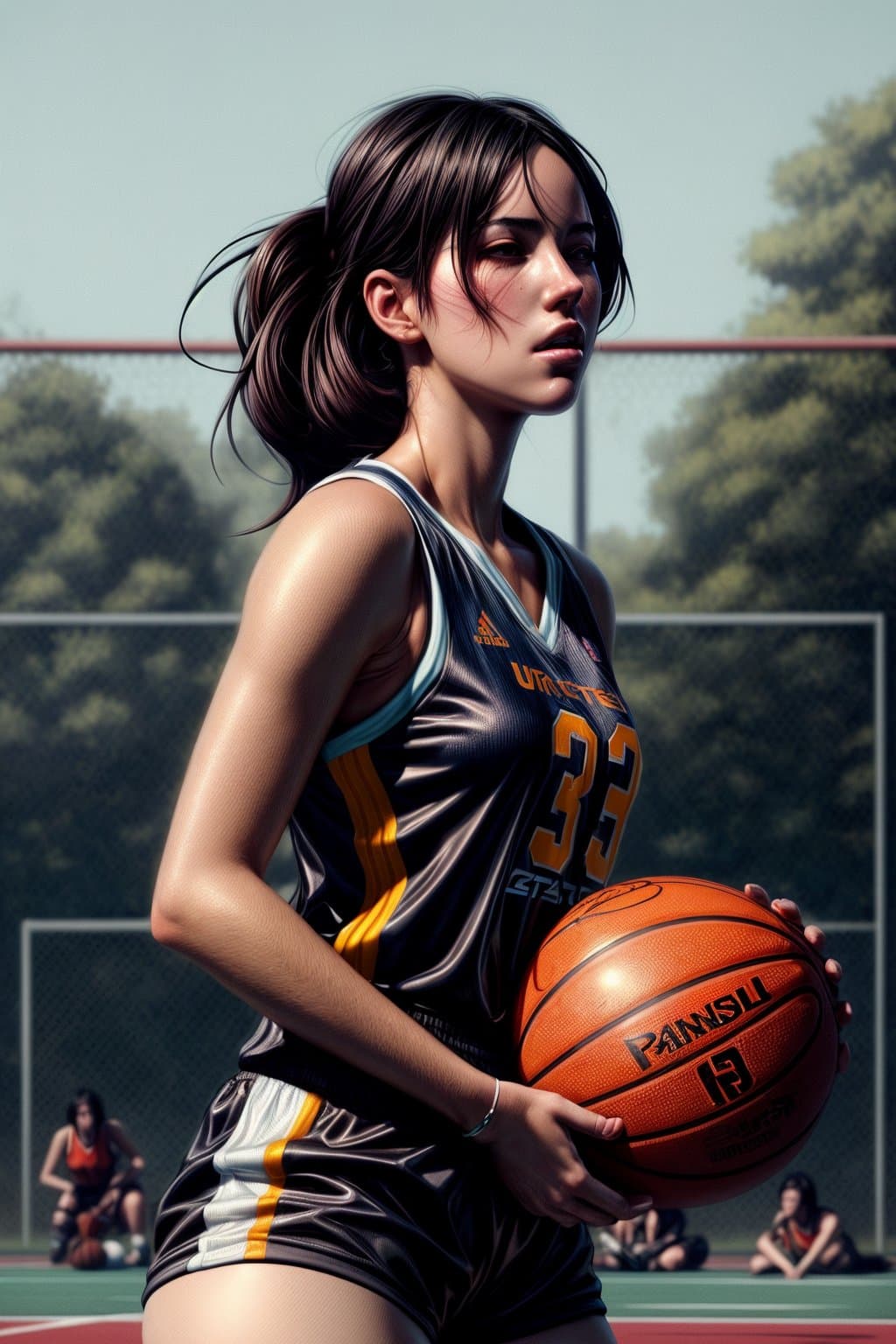 AI generated: a ultradetailed beautiful panting of a woman dribbling a basketball, by conrad roset, greg rutkowski...