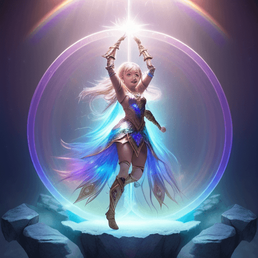 AI generated: A warrior girl in a magical costume, surrounded by giant crystals floating in the air. The light ref...