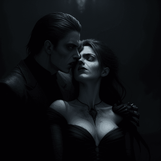 AI generated: A dramatic photo captures a woman exposing her neck to a hungry vampire.  stark lighting to create a...