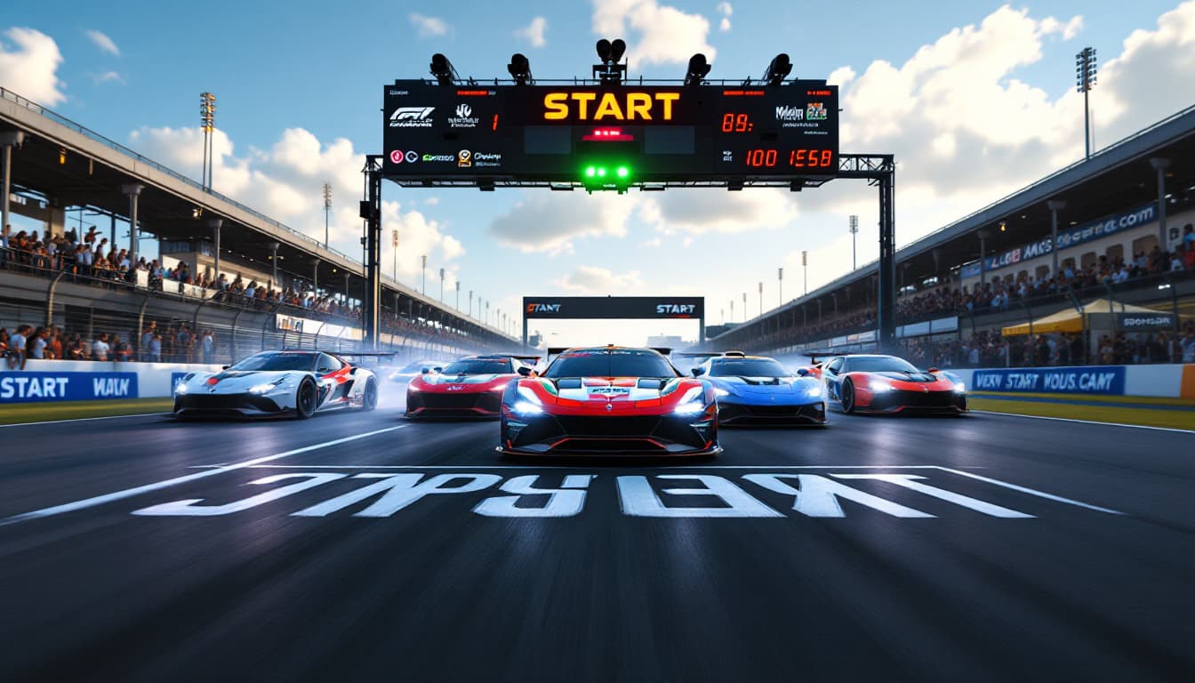 AI generated: On a wide race track behind the START lane (a white stripe across the track and an inscription) seve...