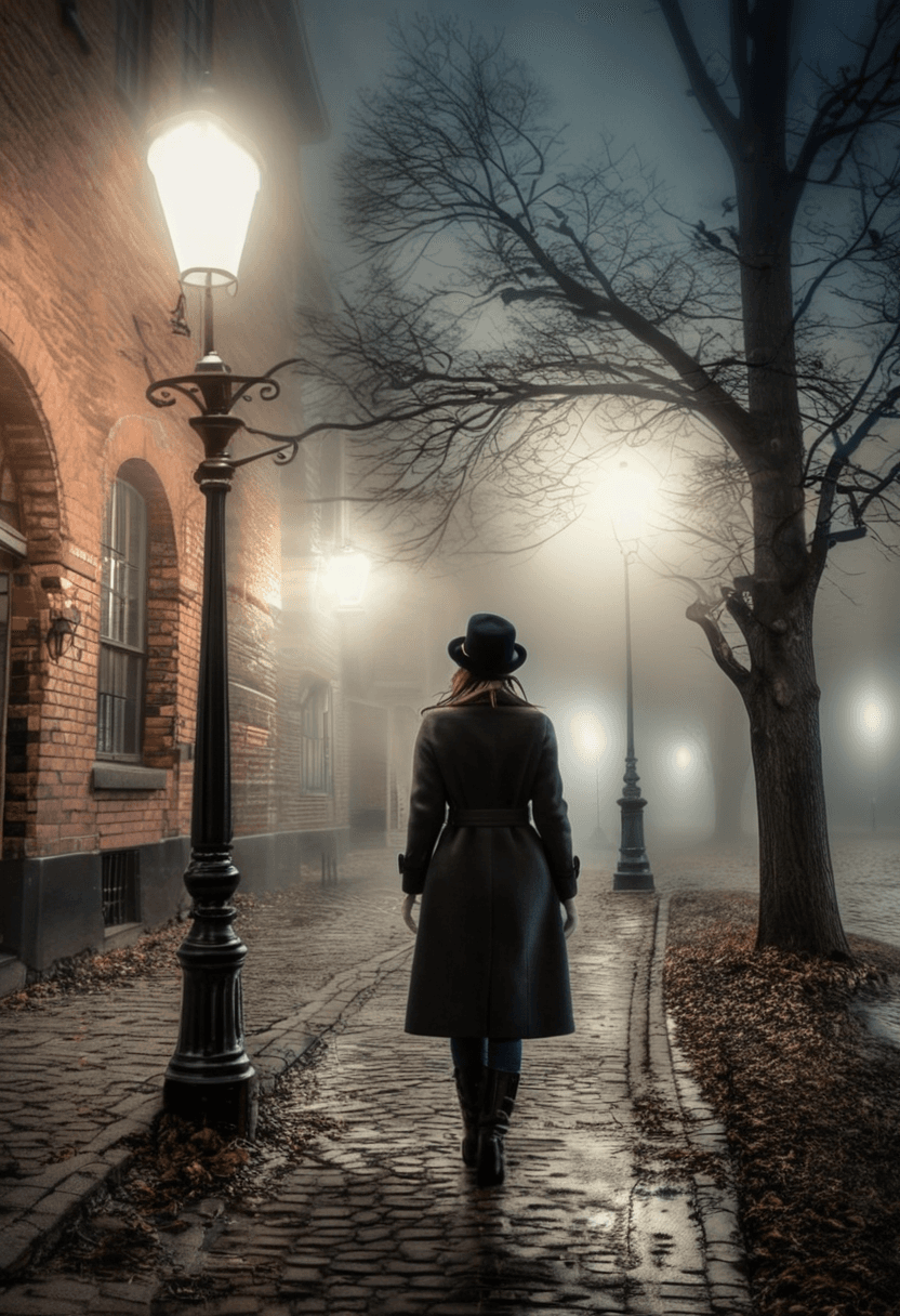 AI generated: HDR photo of old town, brick buildings, street lamps, late evening, (dark, moody:1.2), (fog:1.6), le...