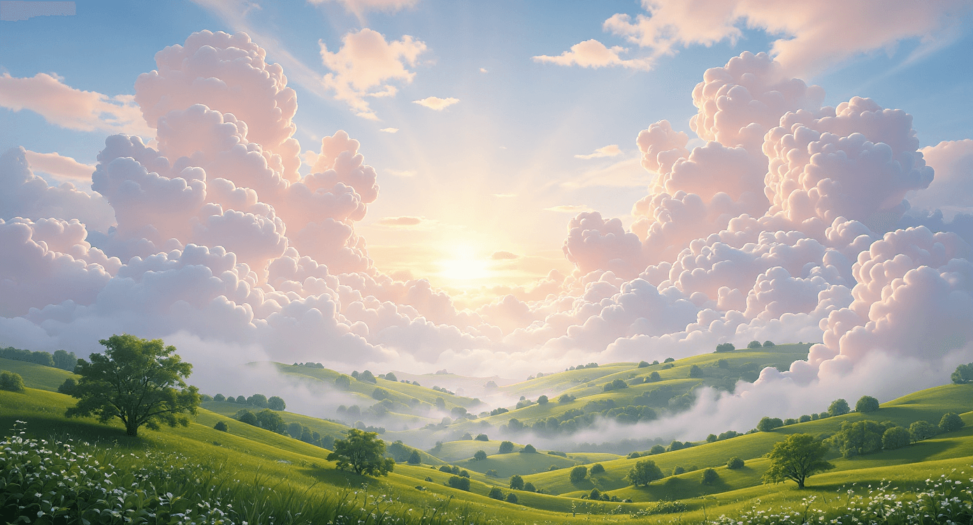 AI generated: A breathtaking close up view of a surrealism valley landscape, where white clouds graduate into soft...