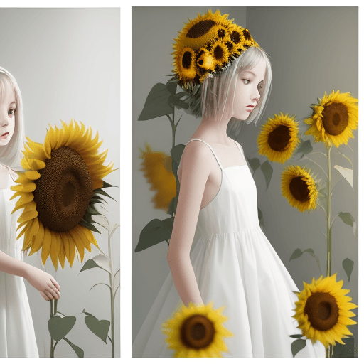 AI generated: White minimalist room with nothing::2 girl in a dress head completely covered with yellow sunflowers...