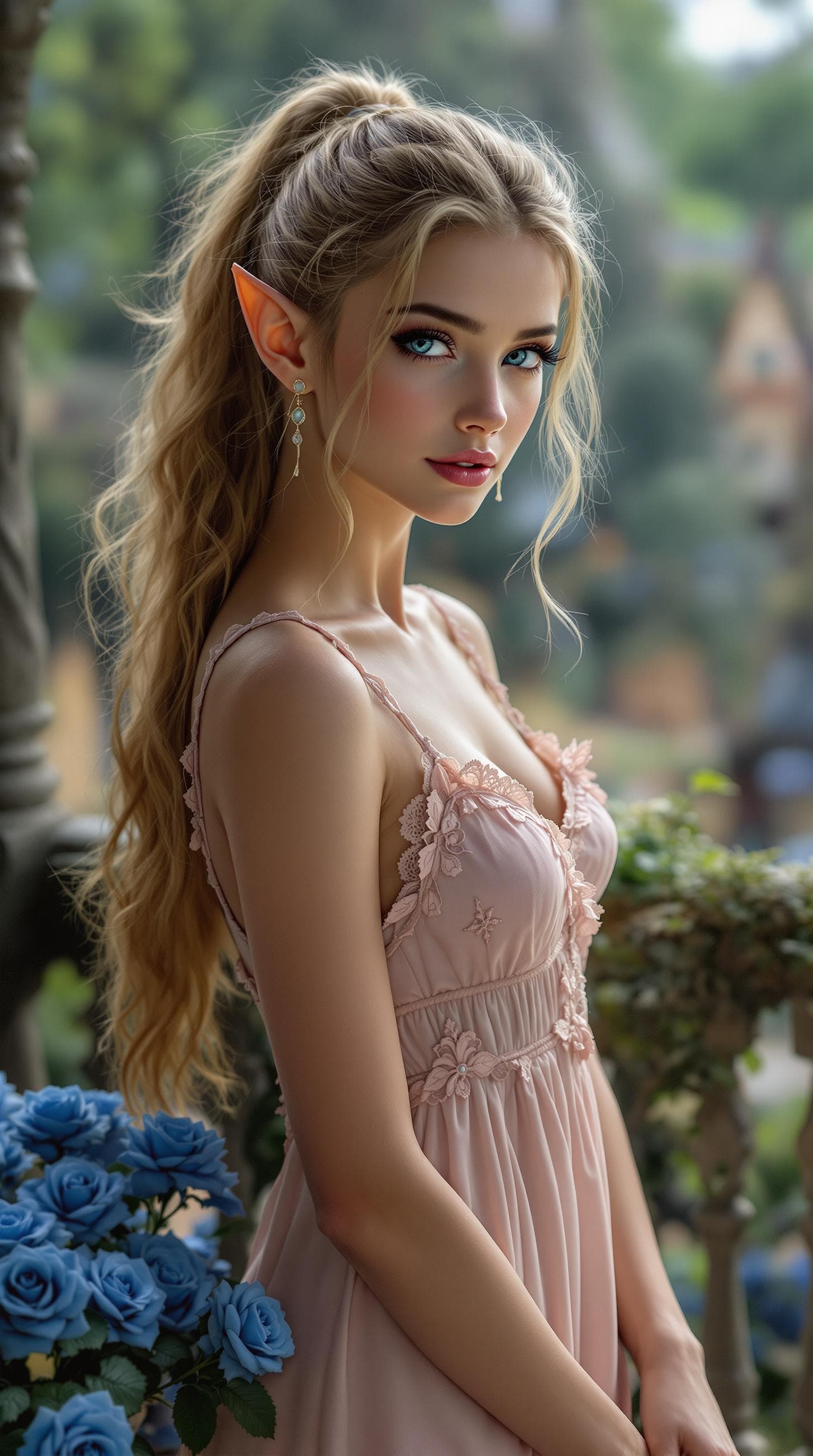 AI generated: a professional photo of a exceptionally beautiful girl in the world (young adult) short eared elf qu...