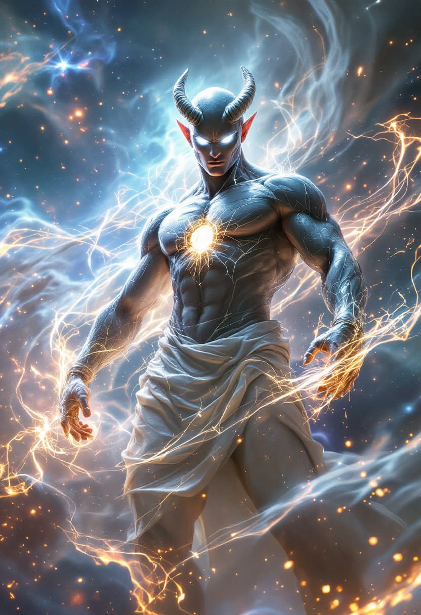 AI generated: God of Light and Illusions full-body, Etherial, muscular, Glowing white eyes, epic, cinematic, 8k, h...