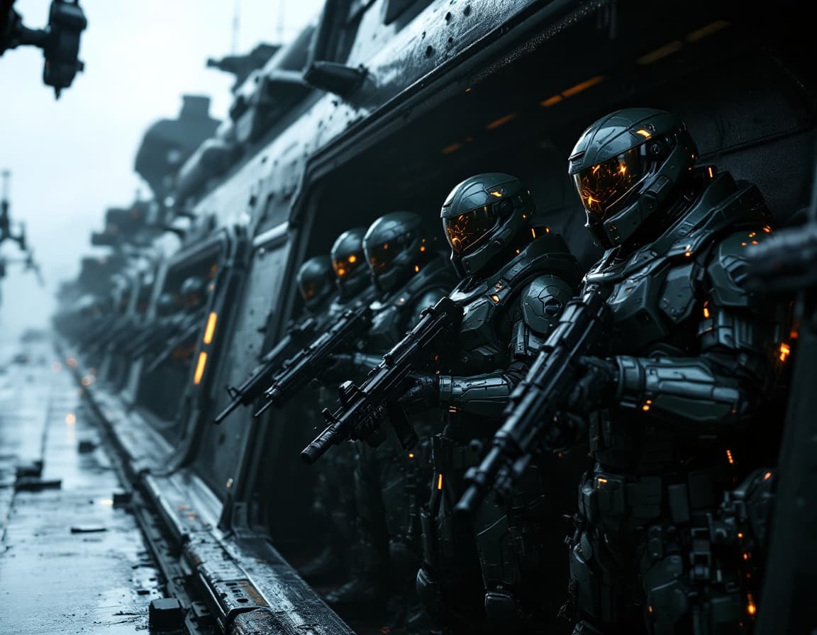 AI generated: Futuristic Soldiers with advanced armor lined up through the ship's hatch, guns blazing, weaponry, a...