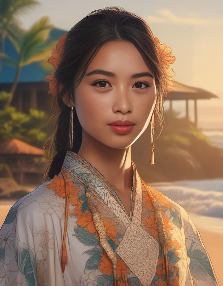 AI generated: A portrait of a hawaiian girl, beach, dawn, traditional outfit| centered| intricate| highly detailed...
