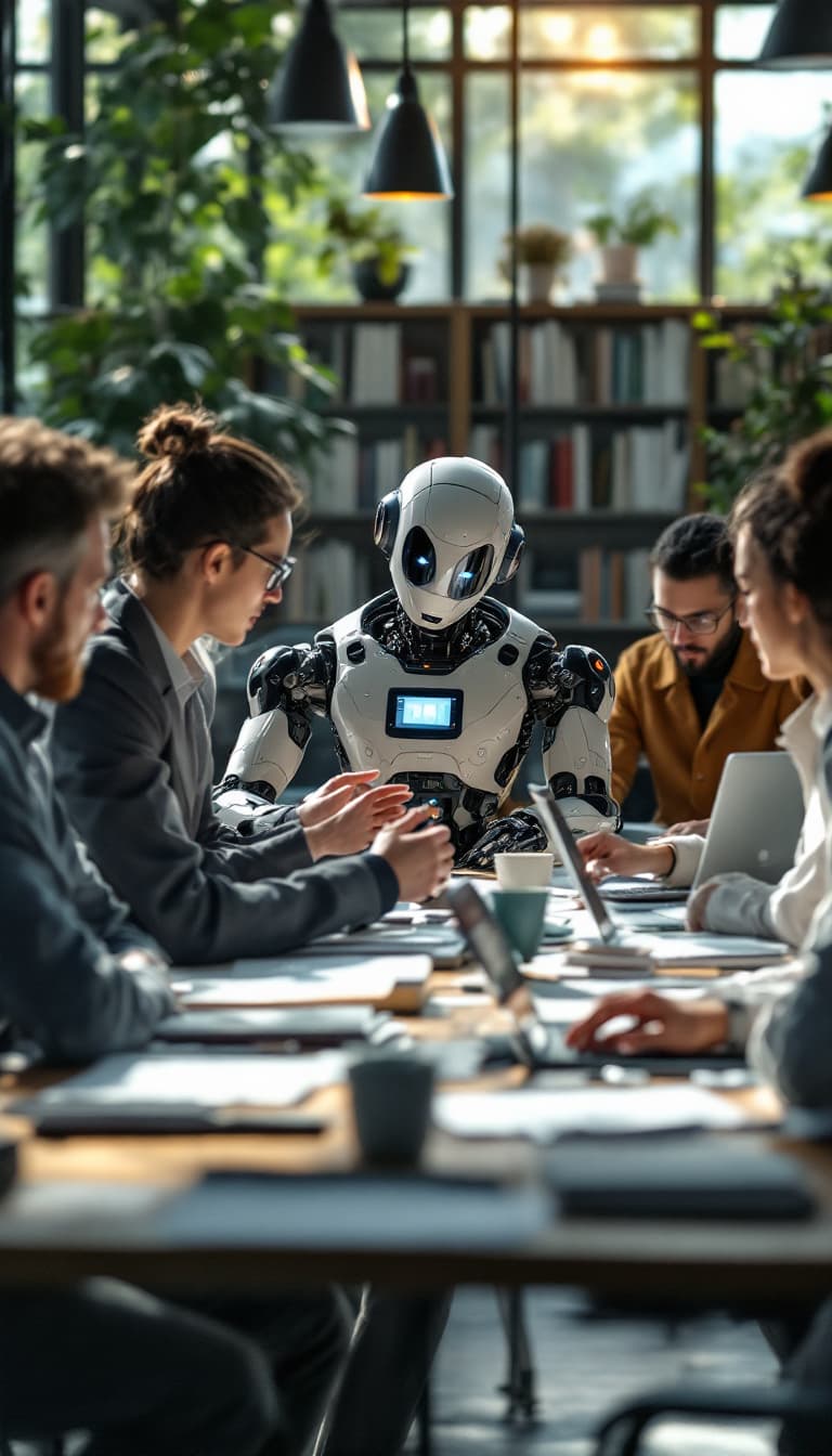 AI generated: A highly detailed cinematic shot capturing a team of specialists from the knees up in a modern knowl...