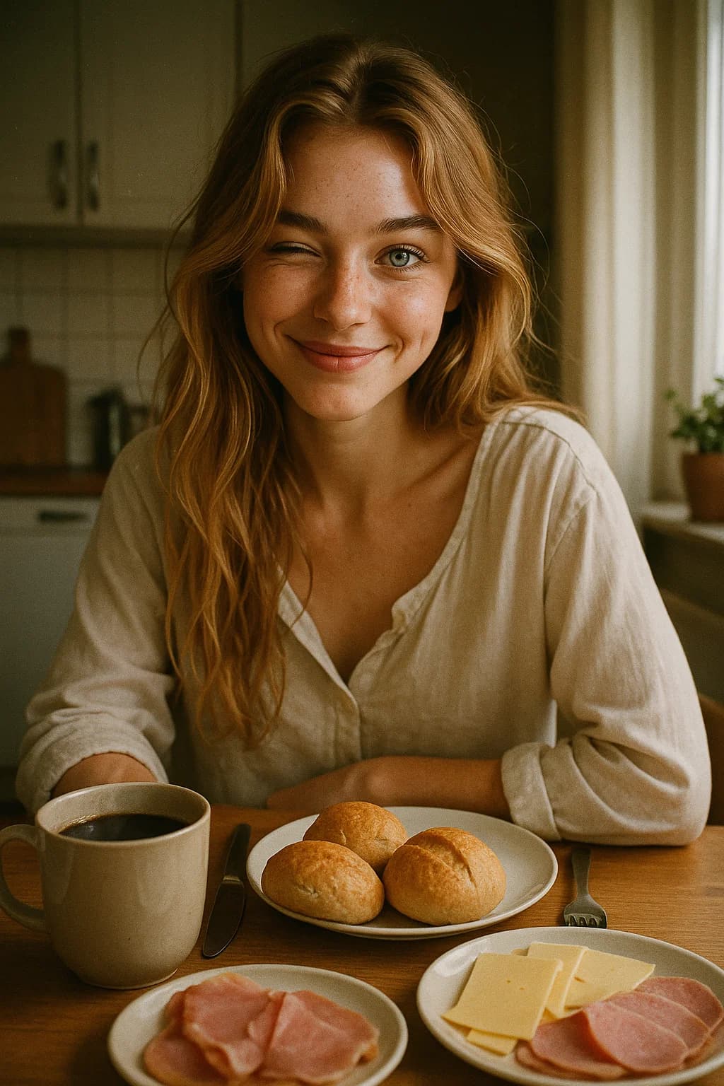 AI generated: Ultra-realistic cinematic morning scene at the breakfast table. 
Playful 20-year-old woman, soft ov...