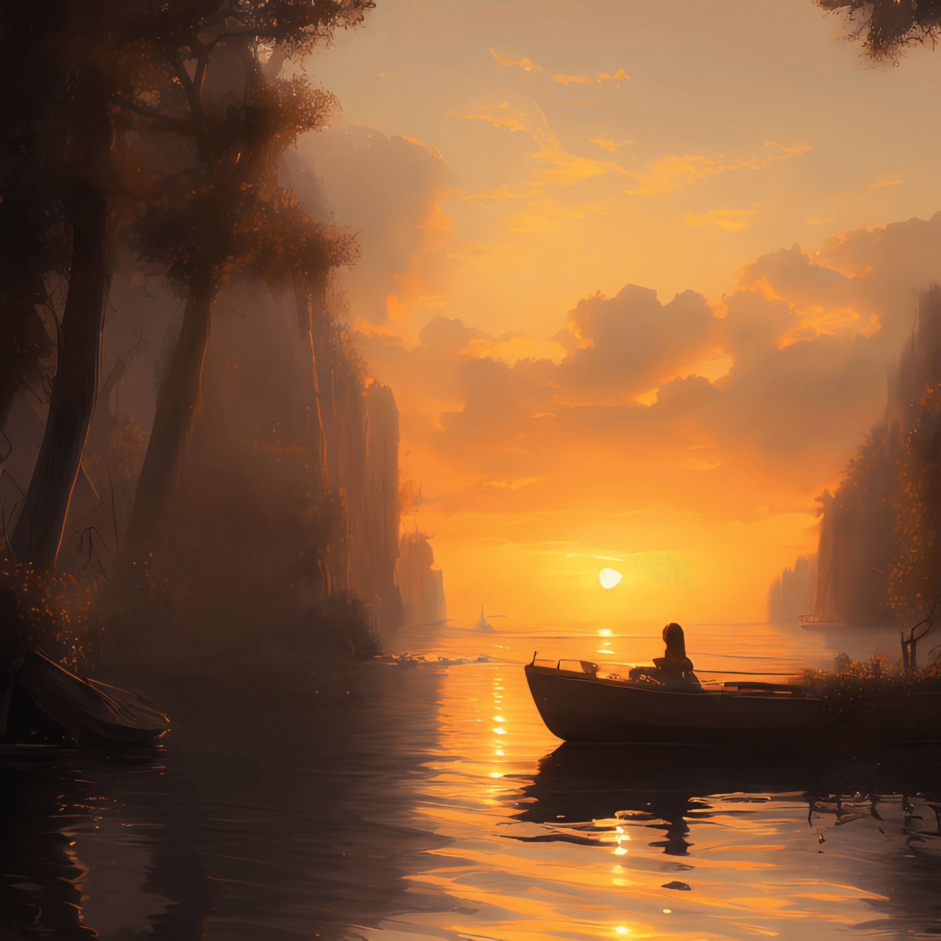 AI generated: a boat sitting in the water during sunset, in the style of greg rutkowski, calm and serene beauty 