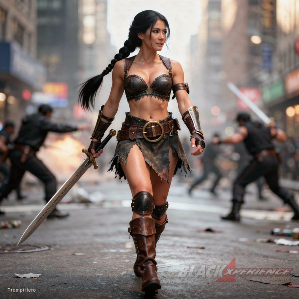 AI generated: a warrior woman (from reference attached picture) walking down a street, she is dressed in a detaile...