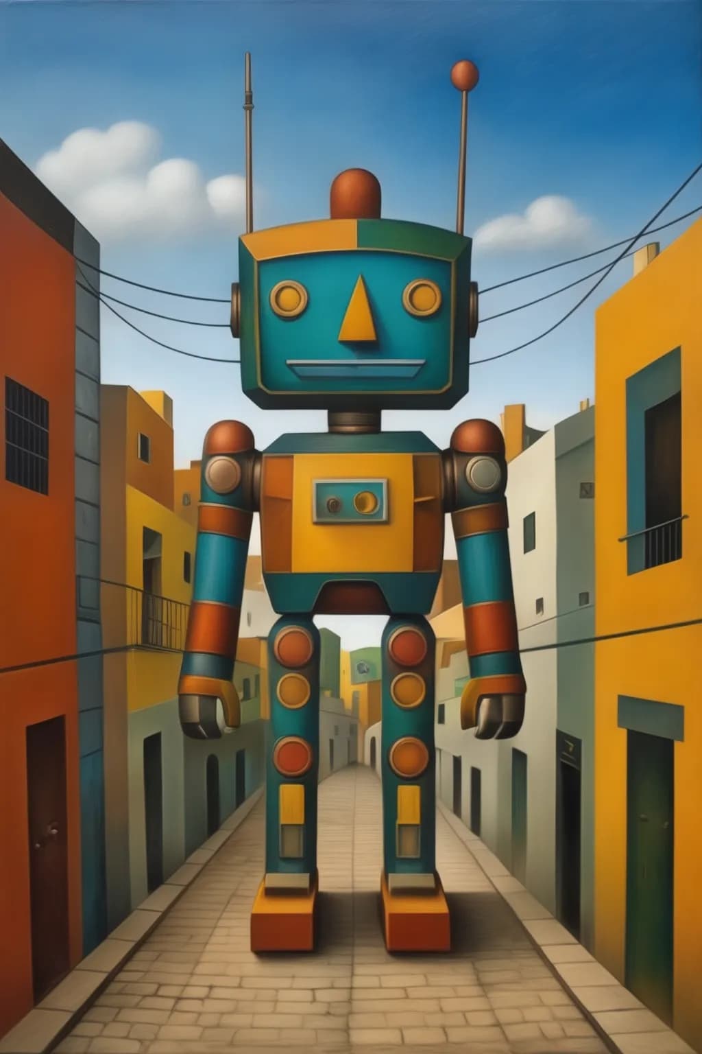 AI generated: A mecha robot in a favela by Tarsila do Amaral